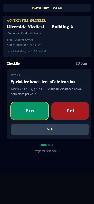 GetFlareflow mobile inspection checklist with NFPA citation and pass or fail controls